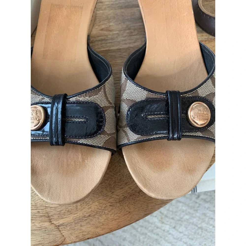 Vintage Coach Lee Sandal Signature Logo Cavas Wood Heel Patent Leather Women 8.5 - Picture 16 of 16